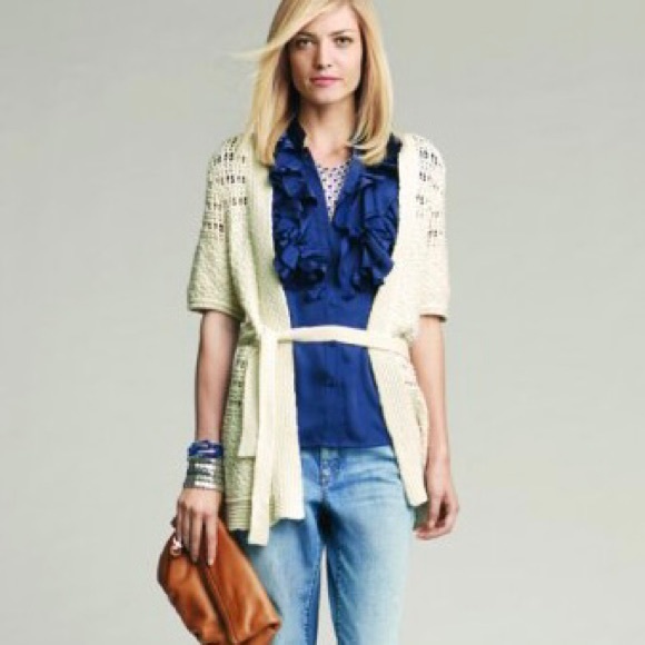 Loft Ivory Crochet Elbow Sleeve Cardigan w/Belt - Picture 6 of 6